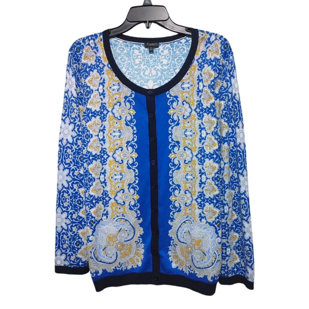 Talbot's Charming Breton Blue Paisley Button Cardigan Sweater Women Size 2Xp - Picture 2 of 9